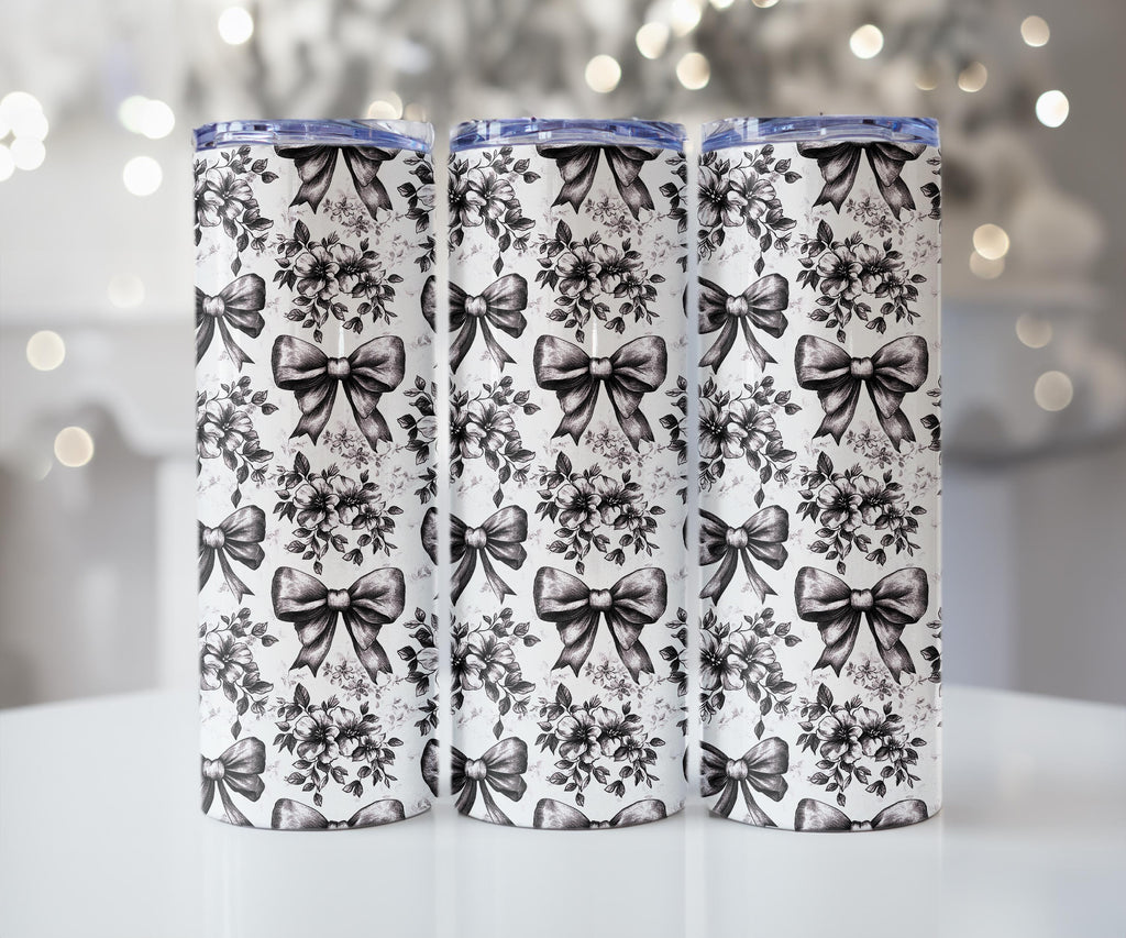Black & White Floral Bow Tumbler – 20 oz Skinny Tumbler Comes in Pink or White