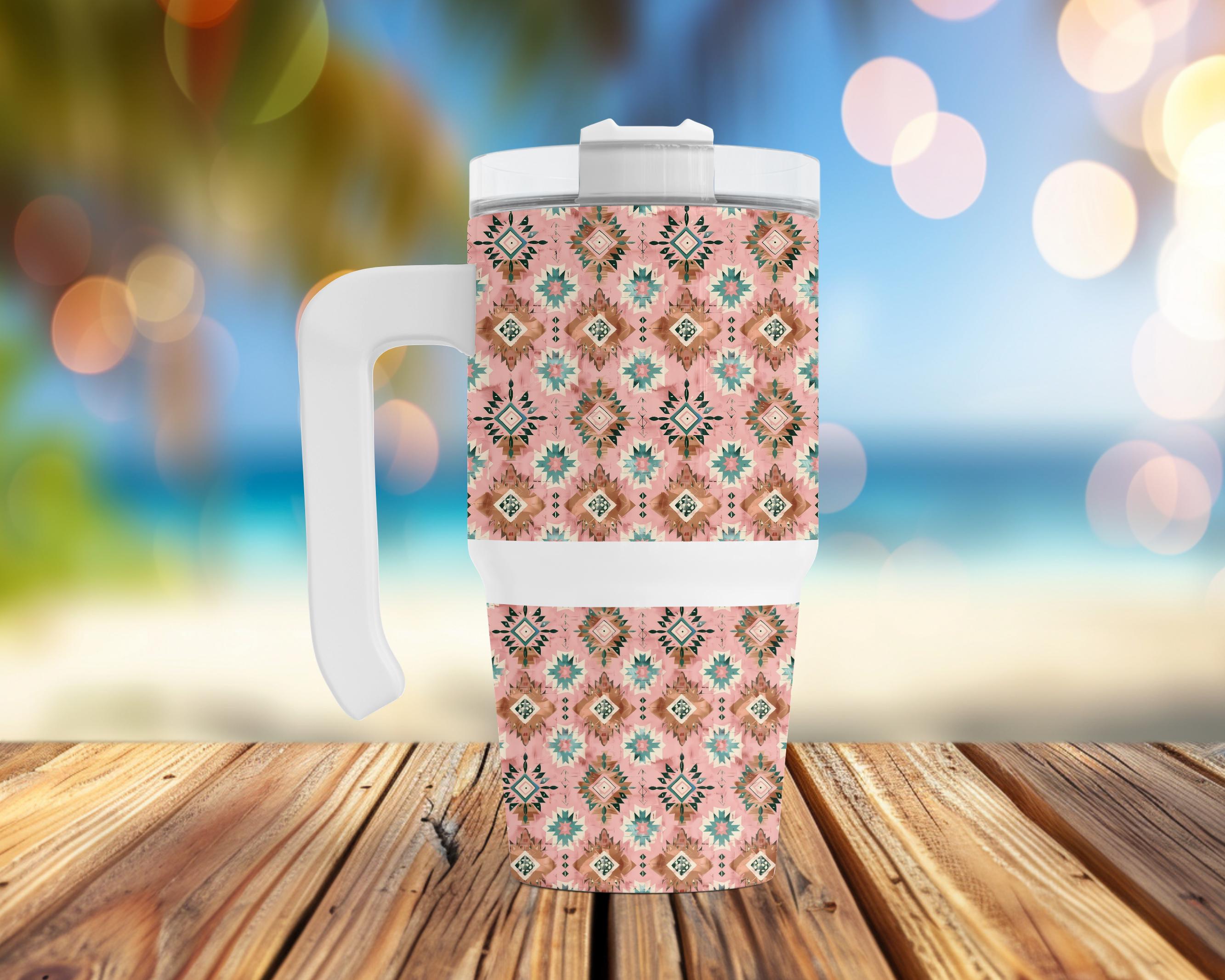 Pink Southwestern 20 oz Grip Handle Tumbler | Boho Western Travel Mug | Aztec Coffee Cup | Insulated Handle Tumbler | Cowgirl Gift
