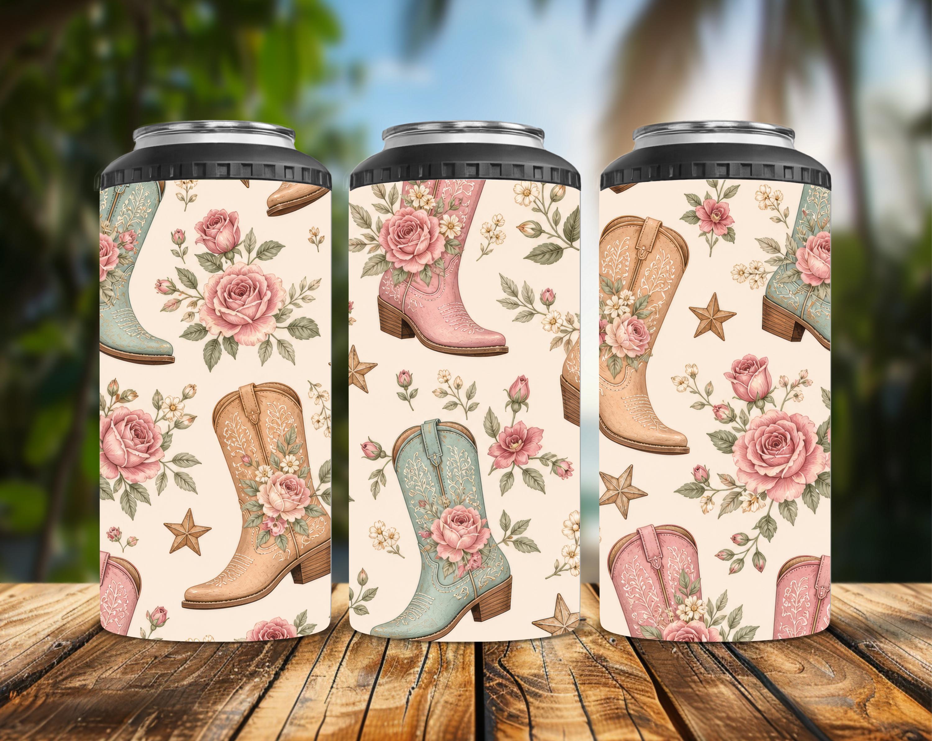 Floral Cowboy Boot 4-in-1 Can Cooler | Western Cowgirl Can Holder | Insulated Beer & Seltzer Cooler | Rustic Floral Gift for Her