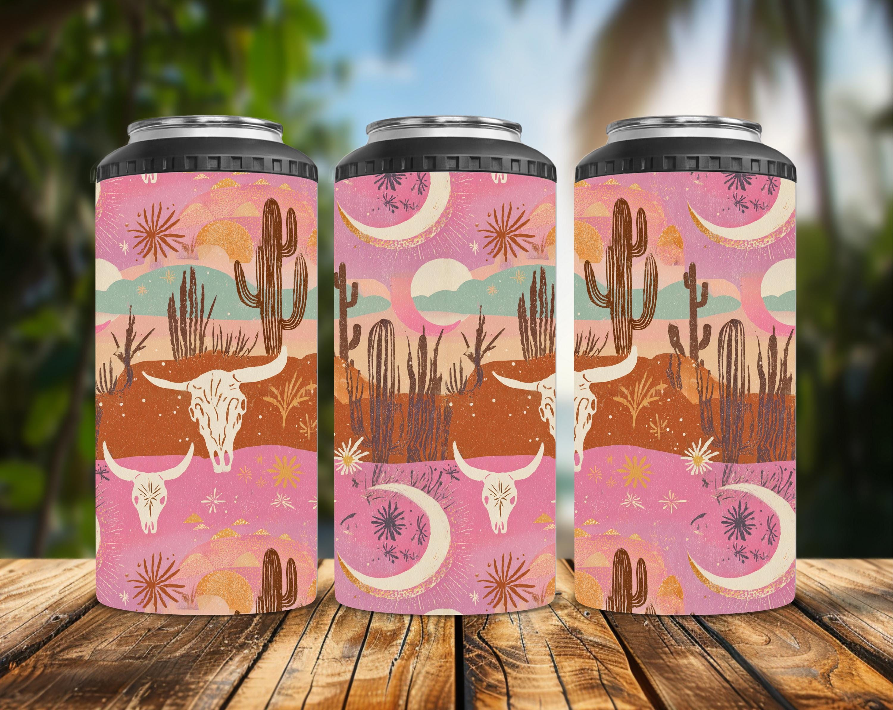 Pink Desert 4-in-1 Can Cooler | Western Cow Skull Can Holder | Boho Cactus Drink Cooler | Southwestern Beer Sleeve | Cowgirl Gift