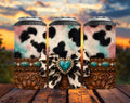 Cow Print 4-in-1 Can Cooler | Turquoise Western Can Holder | Tooled Leather Drink Cooler | Cowgirl Beer Sleeve | Rustic Country Gift
