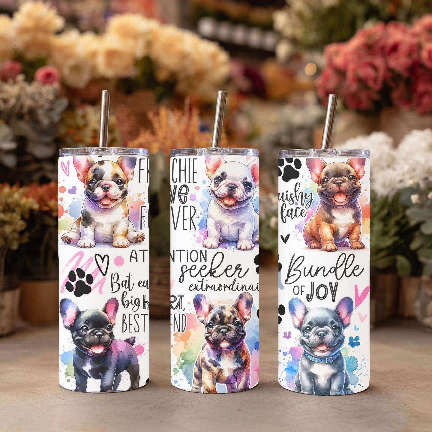 Add a little sparkle to your day with this adorable French Bulldog tumbler! Featuring a beautifully detailed Frenchie surrounded by colorful