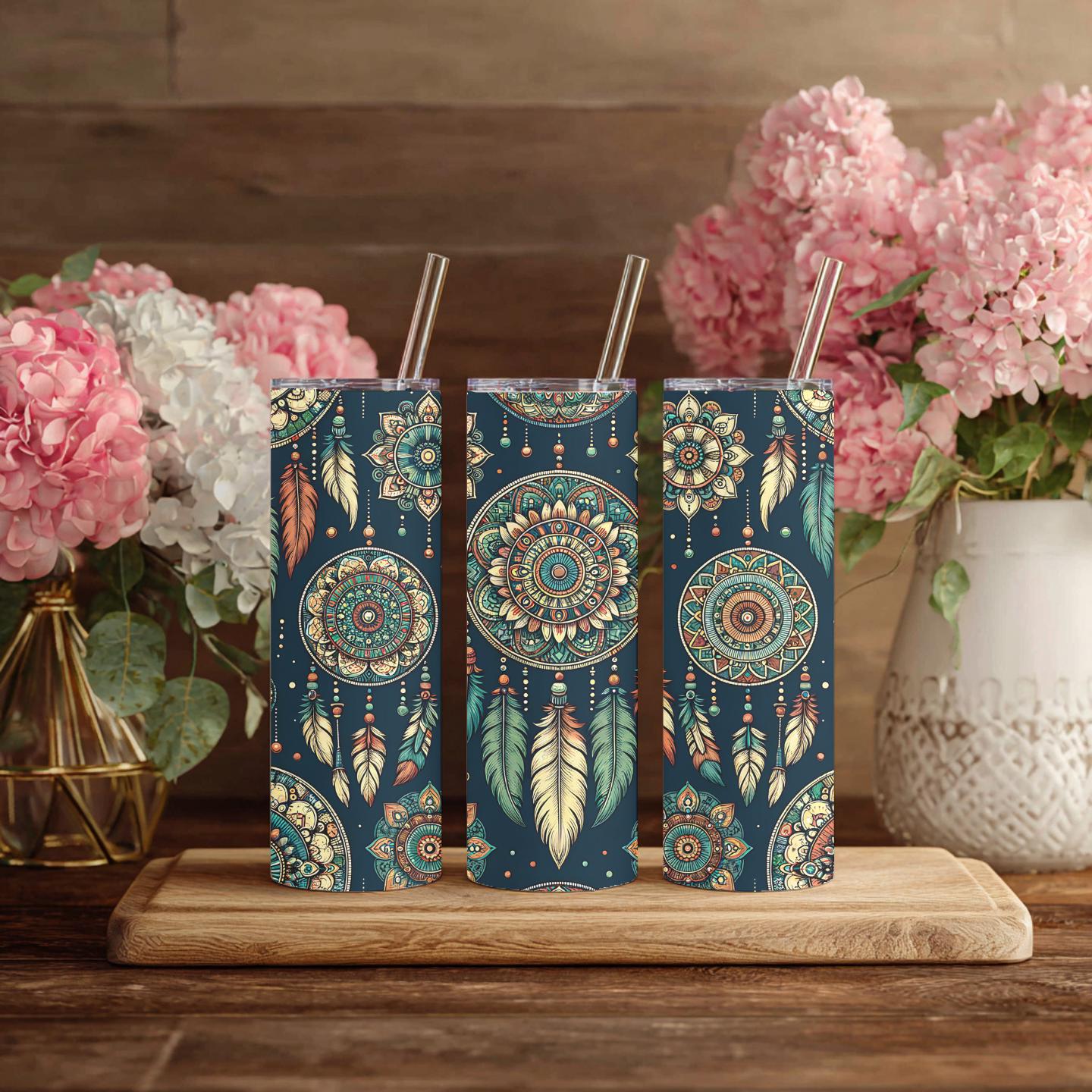 Boho Dreamcatcher Skinny Tumbler – 20 oz Stainless Steel Tumbler with Straw
