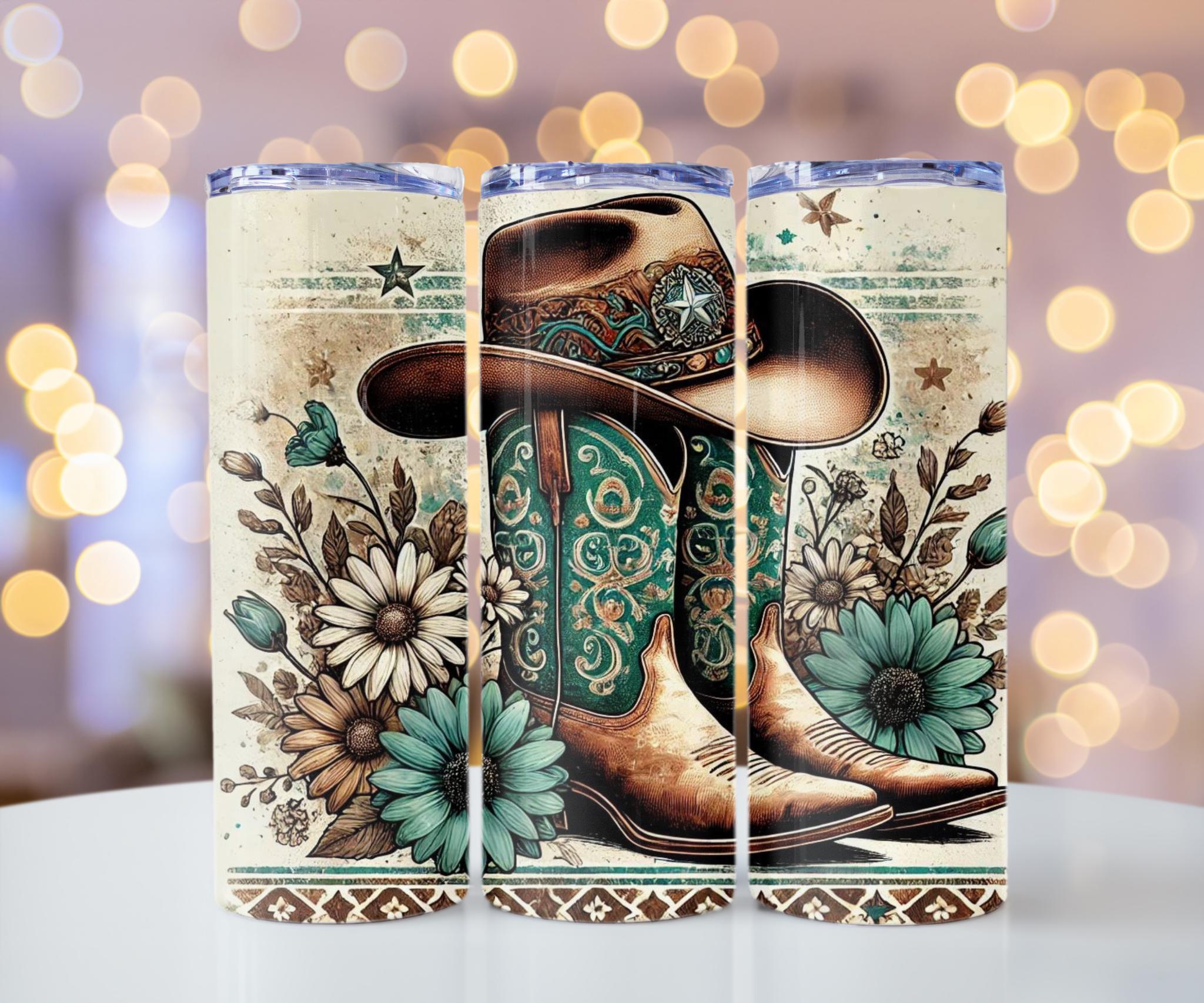 Western Cowgirl Boots & Hat Skinny Tumbler – 20 oz Stainless Steel Tumbler with Straw