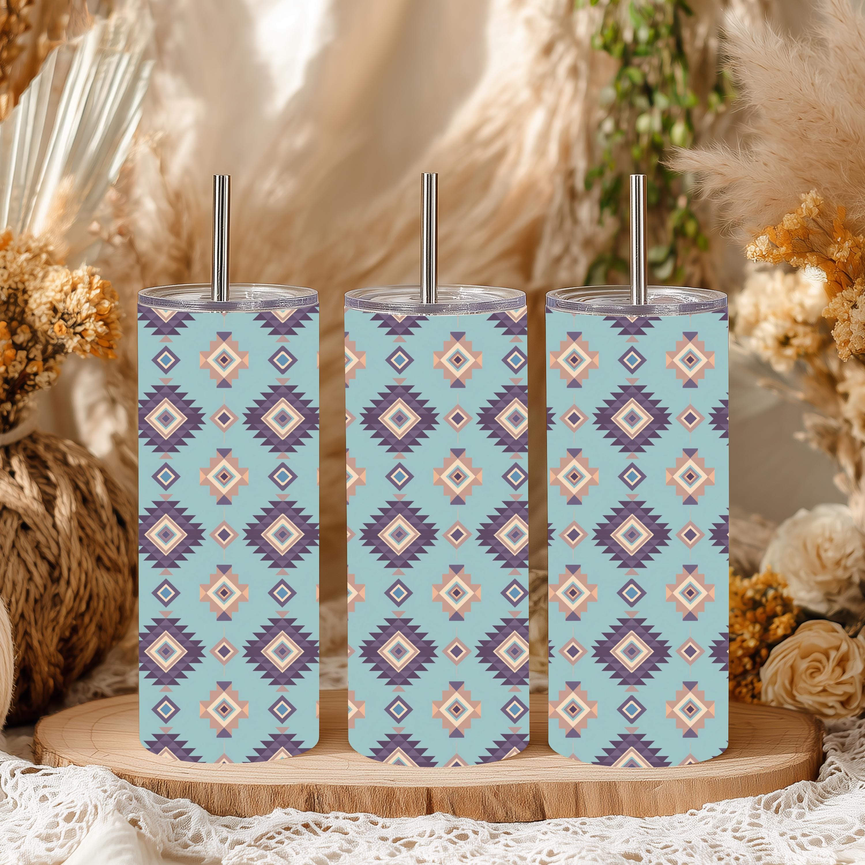 Light Blue Southwestern Aztec 20 oz Skinny Tumbler | Boho Western Stainless Steel Tumbler | Native-Inspired Geometric Pattern | Gift for Her