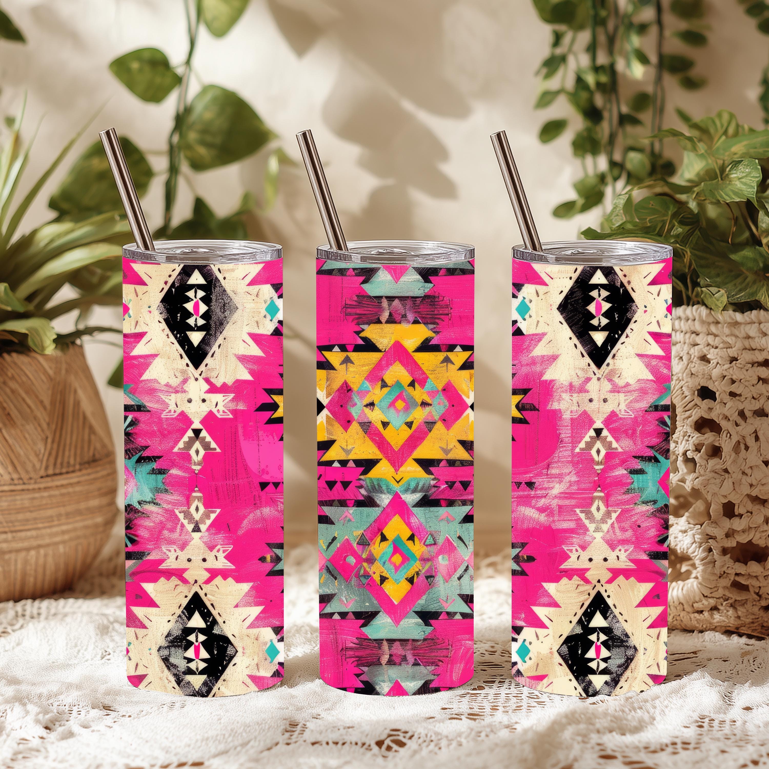 Neon Pink & Beige Southwestern Aztec 20 oz Skinny Tumbler