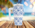 Blue Floral Bow 20 oz Grip Handle Tumbler | Blue Toile Travel Mug | Coquette Coffee Cup | Chinoiserie Floral Tumbler | Gift for Her