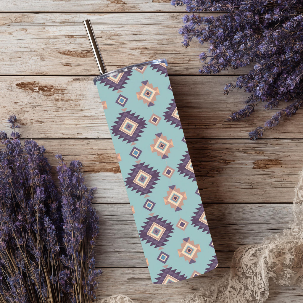 Light Blue Southwestern Aztec 20 oz Skinny Tumbler | Boho Western Stainless Steel Tumbler | Native-Inspired Geometric Pattern | Gift for Her